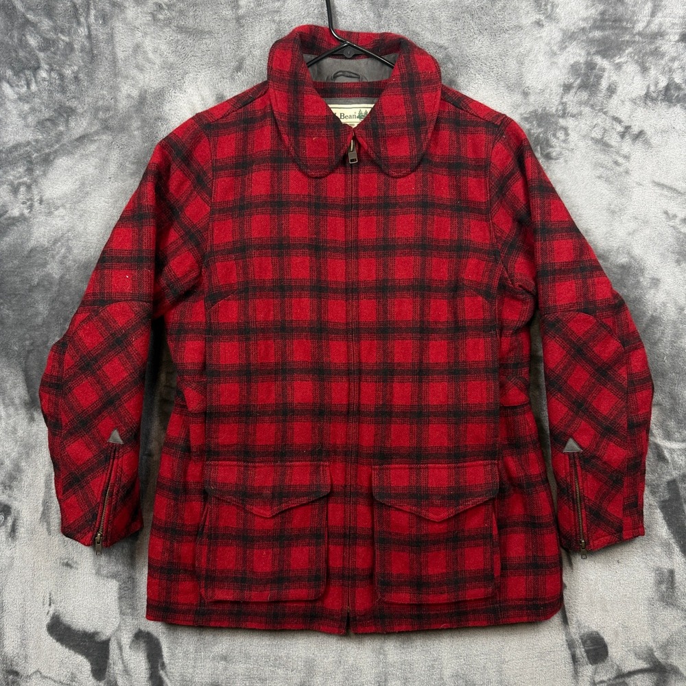 L.L. Bean Wool Field Jacket Mens L Red Excellent Buffalo Plaid Primaloft Zip